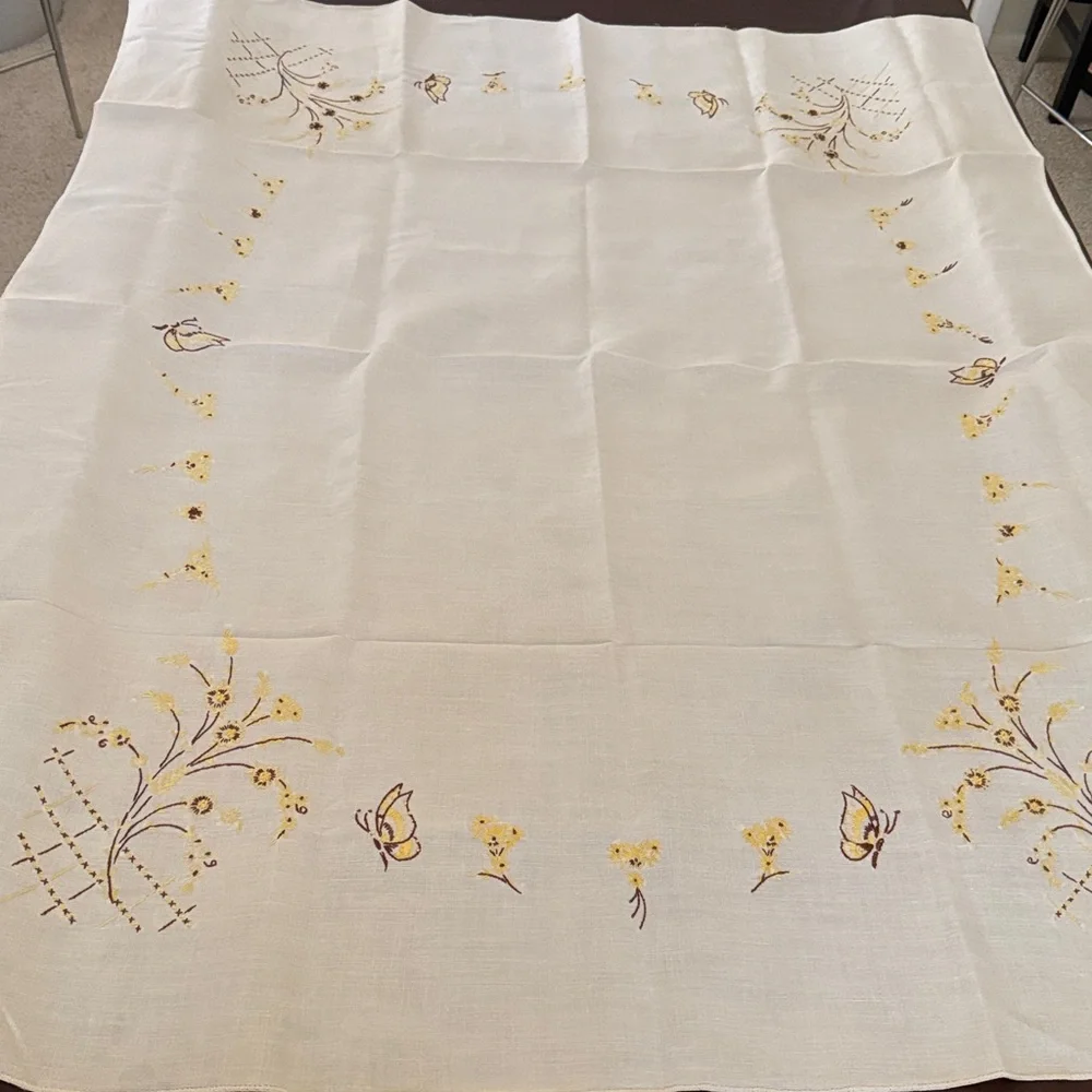 Vintage Linen Blend Tablecloth with Embroidery